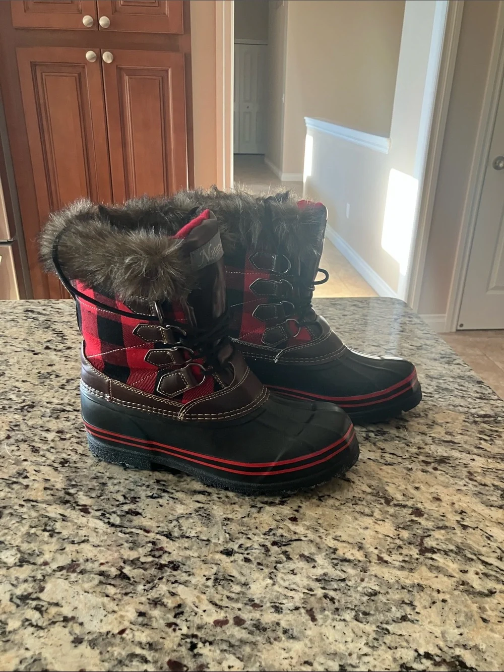 Natural Reflections Red Plaid Faux Fur Winter Boots